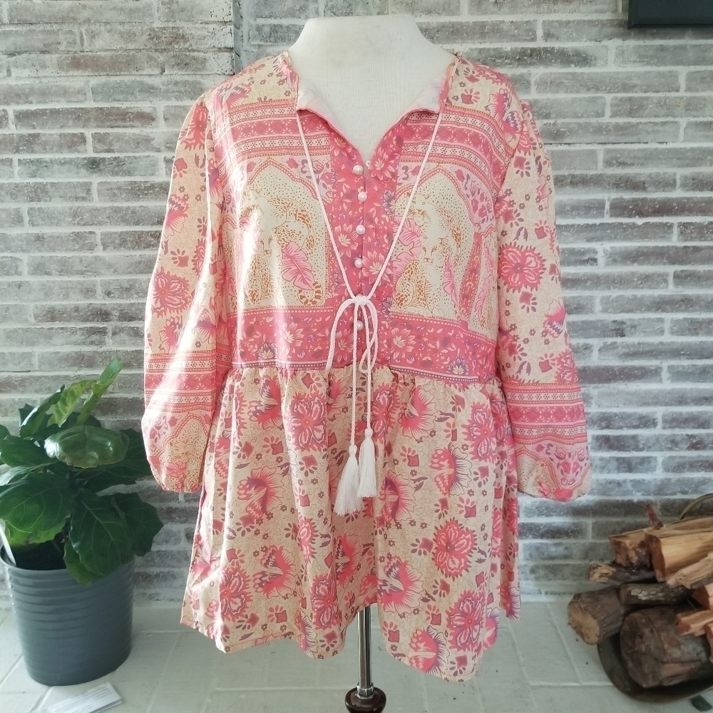 Bohemian Poinciana Blouse Blush Peasant Top wa - Picture 2 of 8